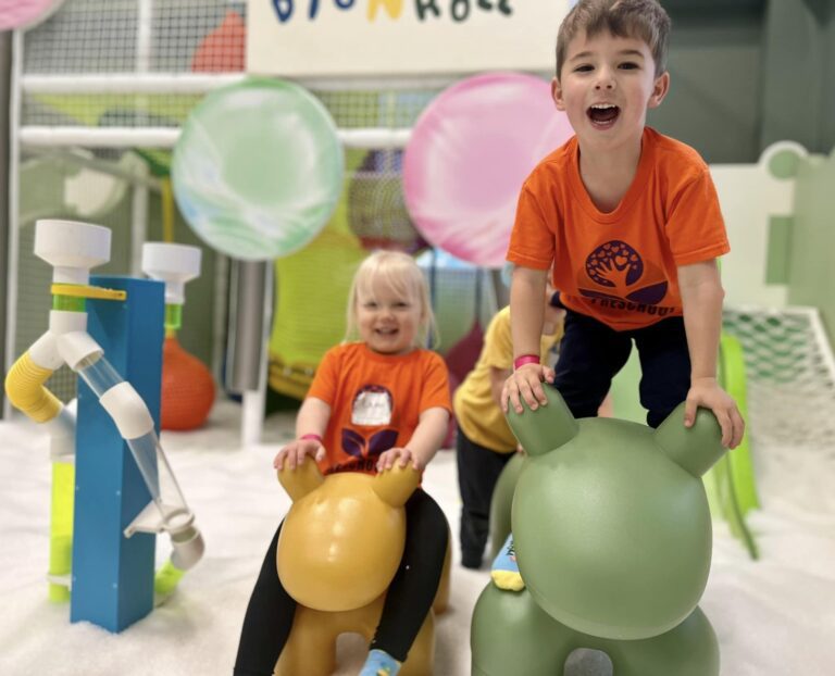 Photo of two preschool kids on jungle gym